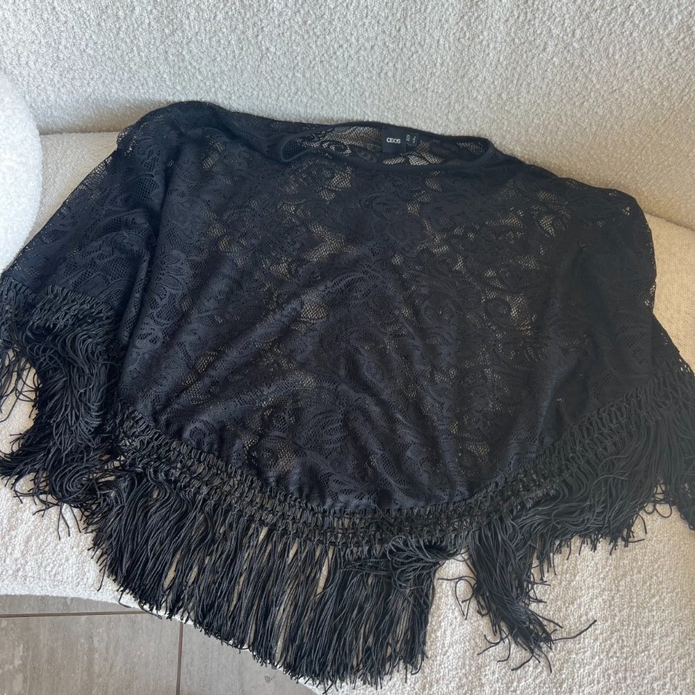 asos black lace poncho with fringe detailing, size 4